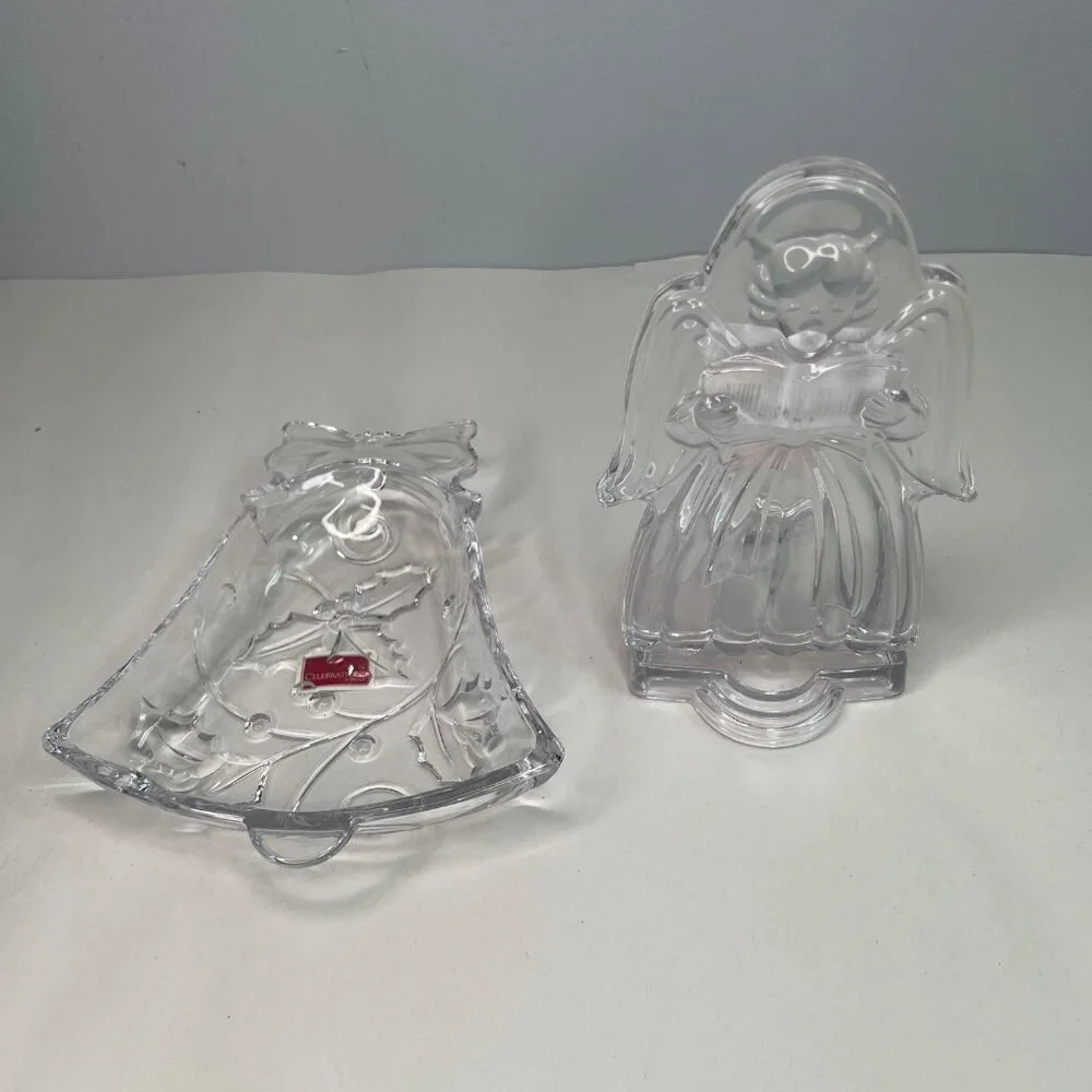 Mikasa Angel Tea Candle Holder & Bell Shaped Clear Crystal Candy Dish Christmas